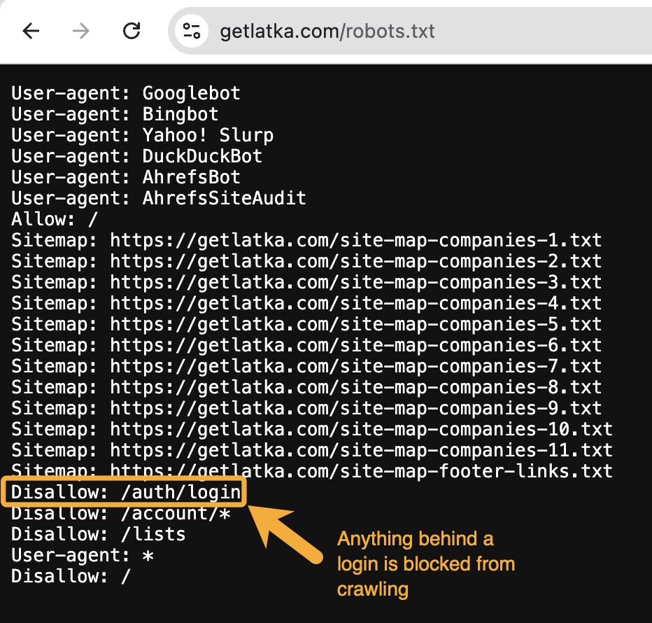 GetLatka.com robots.txt file showing the same content as Image 4, with "Disallow: /auth/login" highlighted, indicating login pages are blocked from crawling, along with account pages and lists.