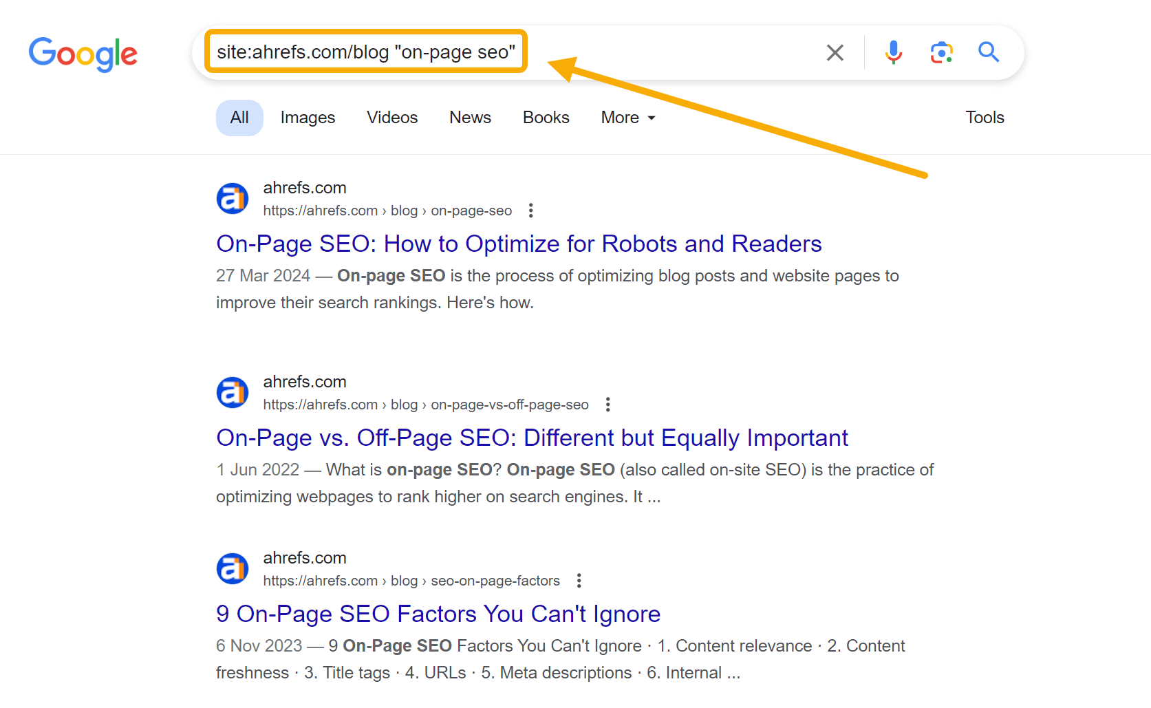 Google search results page showing a Google Search Operator site: specific search for "on-page seo" within ahrefs.com/blog. 