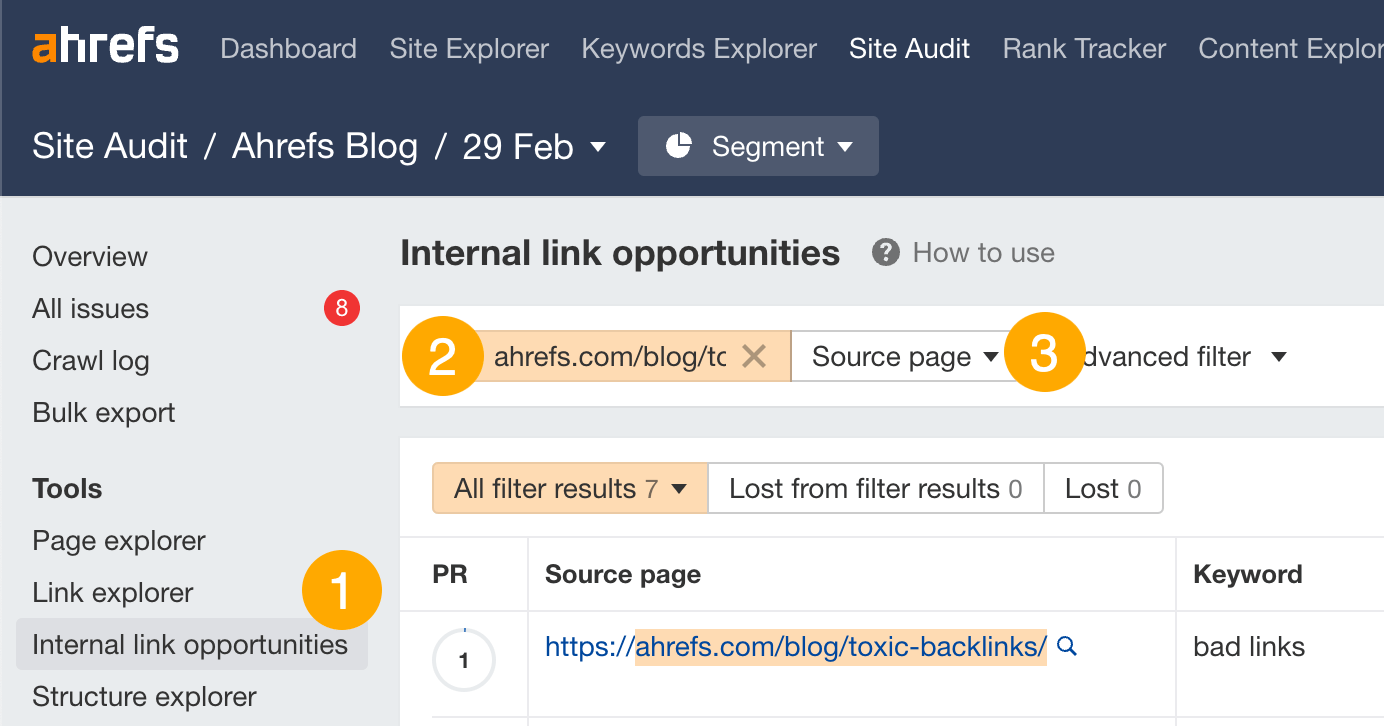 Ahrefs Site Audit interface showing "Internal link opportunities" section. The platform displays filtering options with an ahrefs blog in the source page field. 