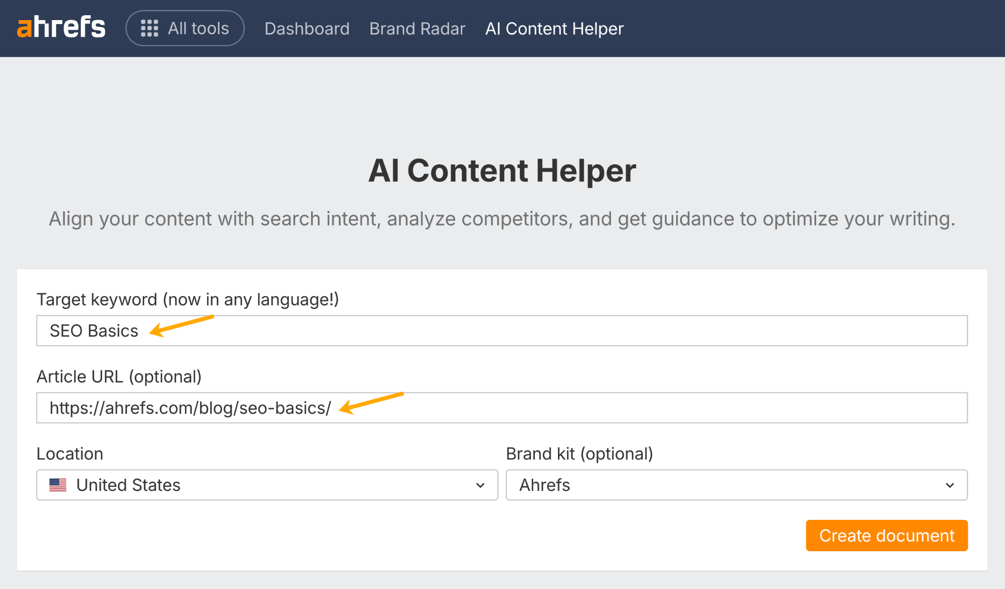 Ahrefs AI Content Helper tool interface showing input fields for "Target keyword" (filled with "SEO Basics"), "Article URL" (showing ahrefs.com/blog/seo-basics/), location set to United States, brand kit set to Ahrefs, and a "Create document" button.