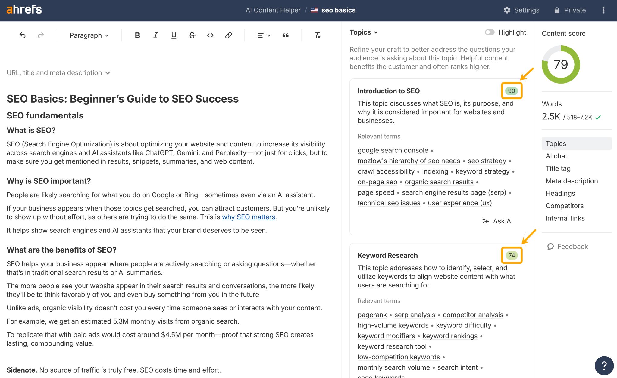 Ahrefs AI Content Helper interface showing an SEO content editor for "SEO Basics: Beginner's Guide to SEO Success." The main content area displays article text with sections on SEO fundamentals. Right sidebar shows topics panel with content score of 79, word count of 2.5K, and various SEO-related topics like "Introduction to SEO" (90 score) and "Keyword Research" (74 score).