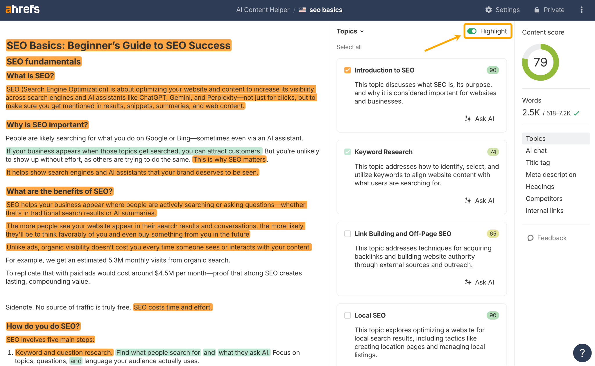 Ahrefs AI Content Helper with highlighting feature enabled (shown by toggle switch). The content displays the same SEO basics article but with key phrases highlighted in orange throughout the text. The right sidebar shows the same topics panel with scores, and the highlight feature appears to emphasize important SEO concepts and terms within the article content.