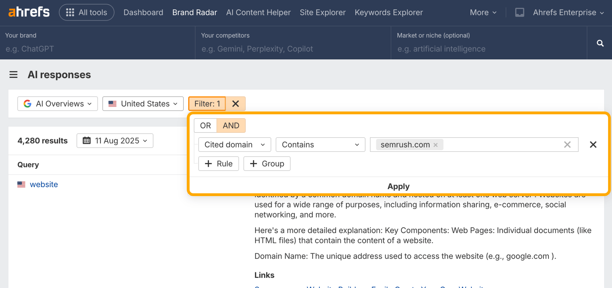 Ahrefs AI responses report in Ahrefs Brand Radar showing "Cited domain > Contains > semrush.com entered as filter criteria. Additional options for adding rules and groups are visible with "Apply" button at bottom.