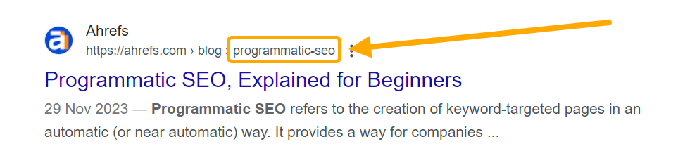 Google search result snippet showing an Ahrefs blog post titled "Programmatic SEO, Explained for Beginners" with the URL path highlighting "programmatic-seo" in the breadcrumb navigation. The snippet describes programmatic SEO as creating keyword-targeted pages automatically.