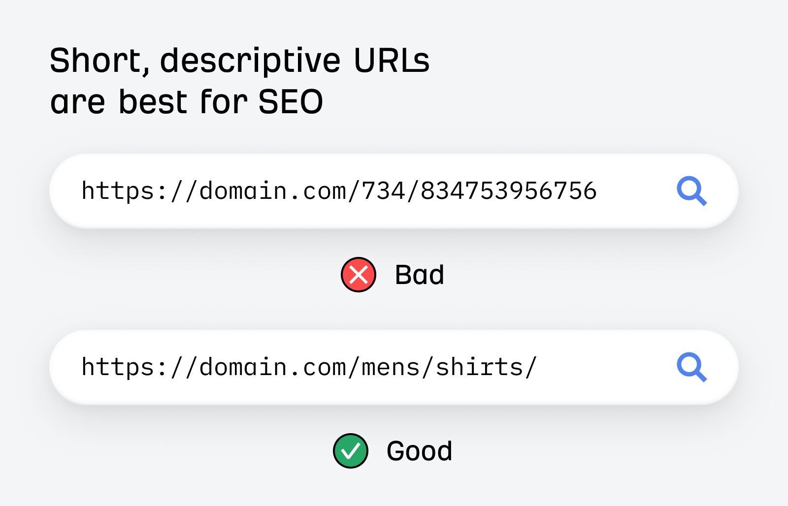 On-page SEO SEO best practices illustration showing URL structure comparison. Header states "Short, descriptive URLs are best for SEO". Two examples: top URL "https://domain.com/734/834753956756" marked as "Bad" with red X, bottom URL "https://domain.com/mens/shirts/" marked as "Good" with green checkmark.