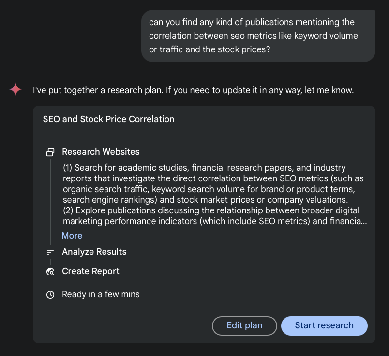 A screenshot of a conversation with Google's Gemini AI, where it generates a detailed research plan to investigate the correlation between SEO and stock prices. 