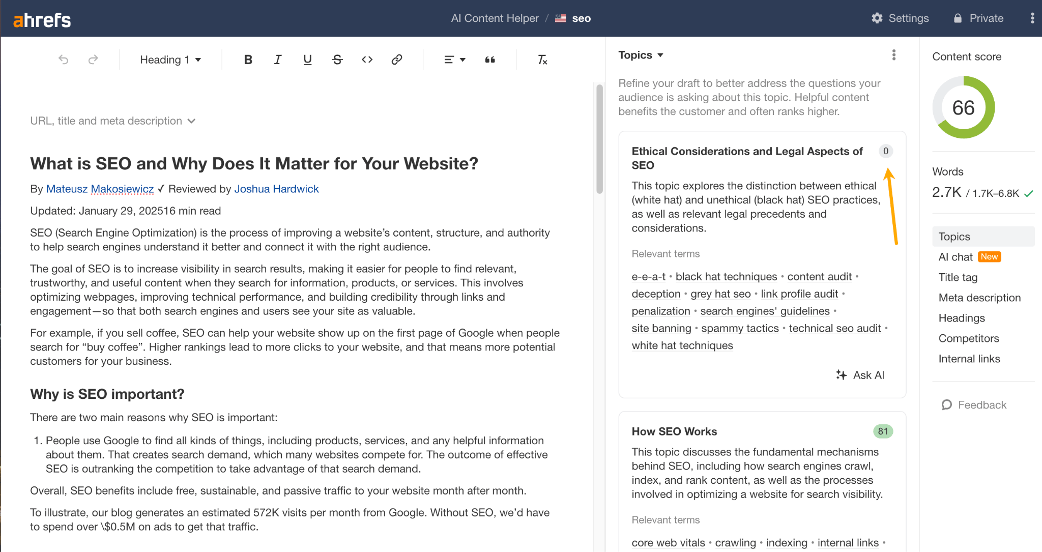  A screenshot of the Ahrefs AI Content Helper editor, which displays an article's content score and a sidebar with SEO topic recommendations to improve its ranking potential.