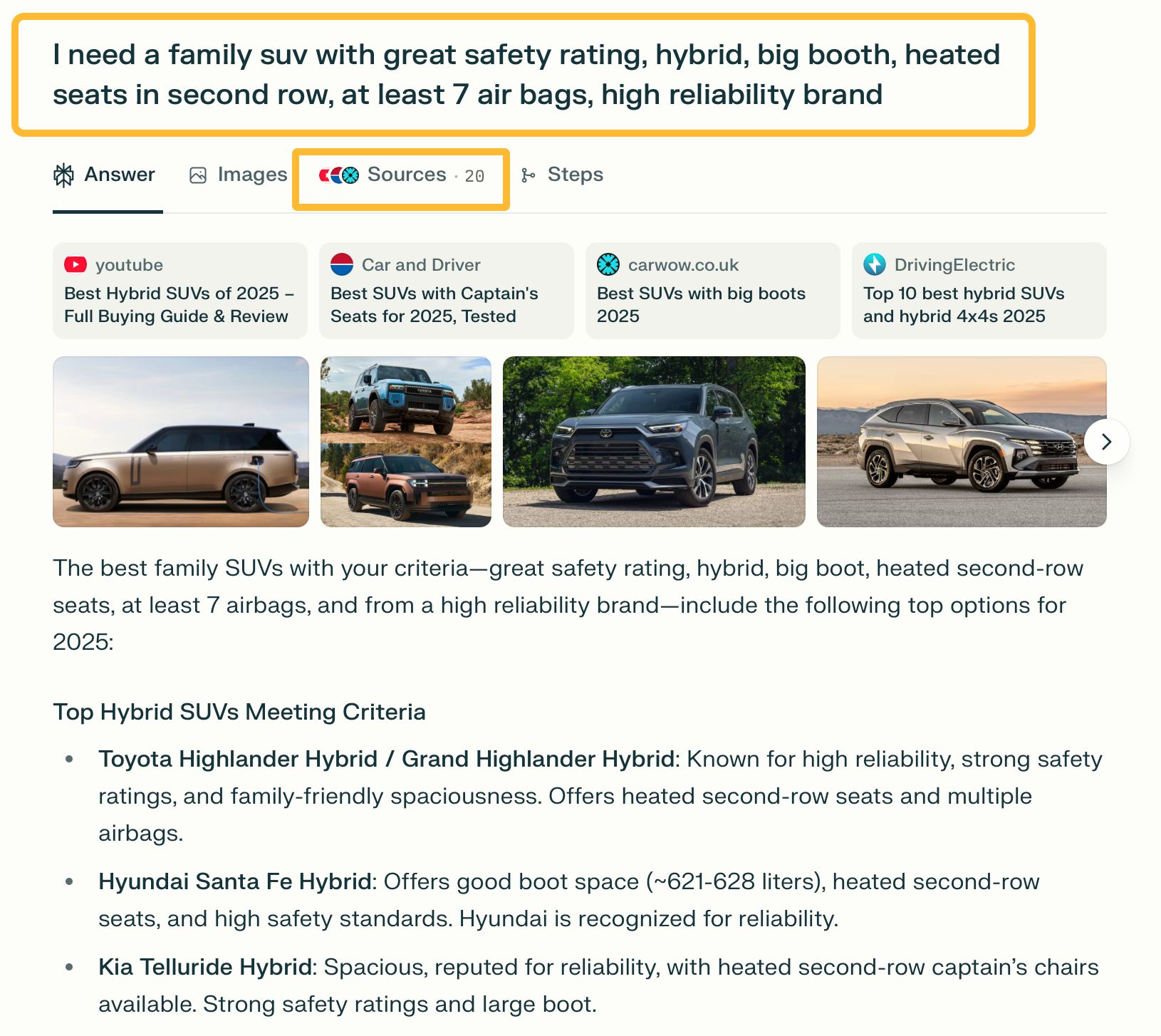 A screenshot showing an AI's answer to a detailed query for a family SUV. The response includes a list of recommended vehicles like the Toyota Highlander Hybrid, along with images and links to car review websites.