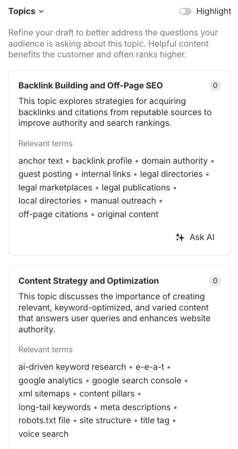 Ahrefs' AI Content Helper topic suggestions.