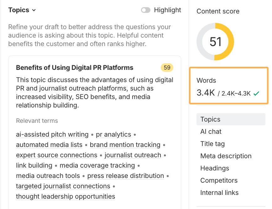 Ahrefs' AI Content Helper word count estimations.