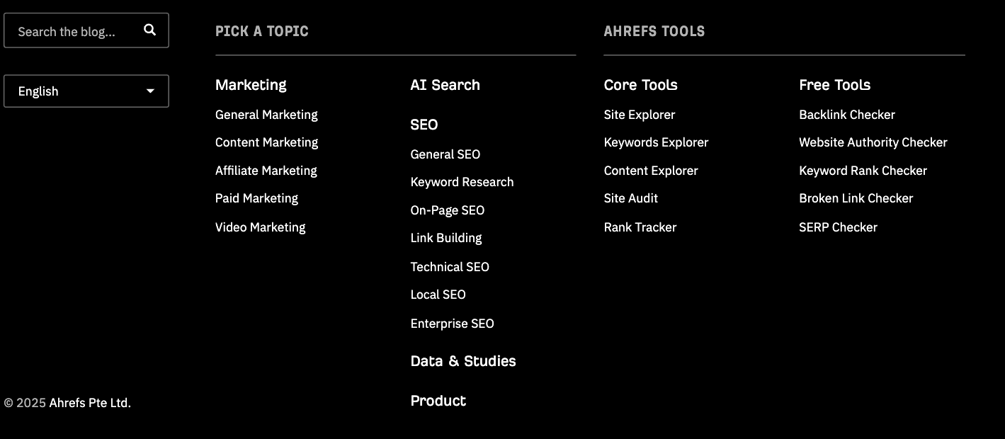 Ahrefs' blog footer menu containing links to post categories and popular tools.