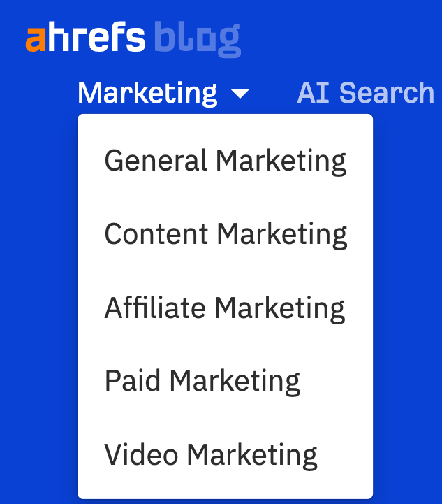 Ahrefs' blog menu drop down designed as a simple list.