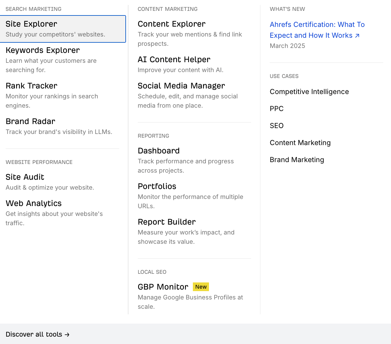 Ahrefs' product menu drop down designed in a mega menu style.