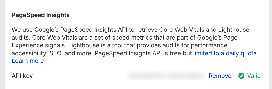Connecting Page Speed Insights to Ahrefs' Site Audit to see Lighthouse and Core Web Vitals metrics in your dashboard.