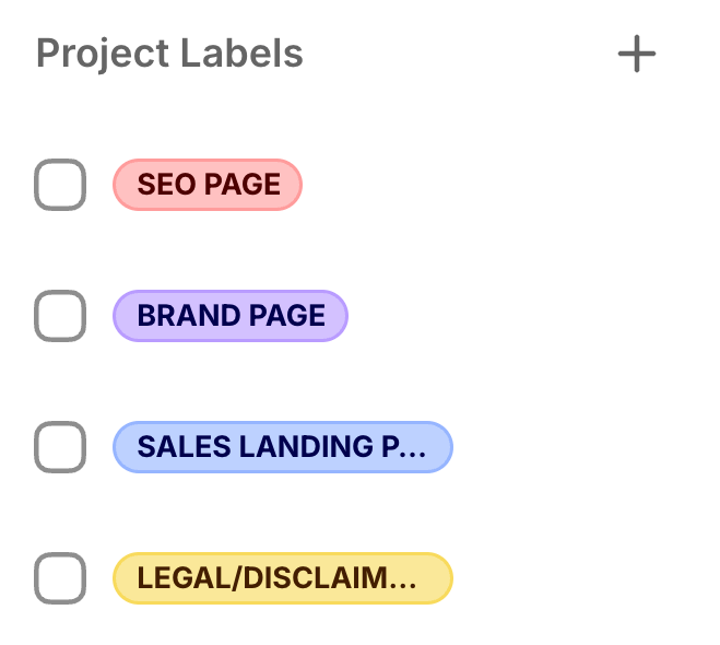 Project labels feature in Flowmapp allowing users to tag pages according to their core purpose.