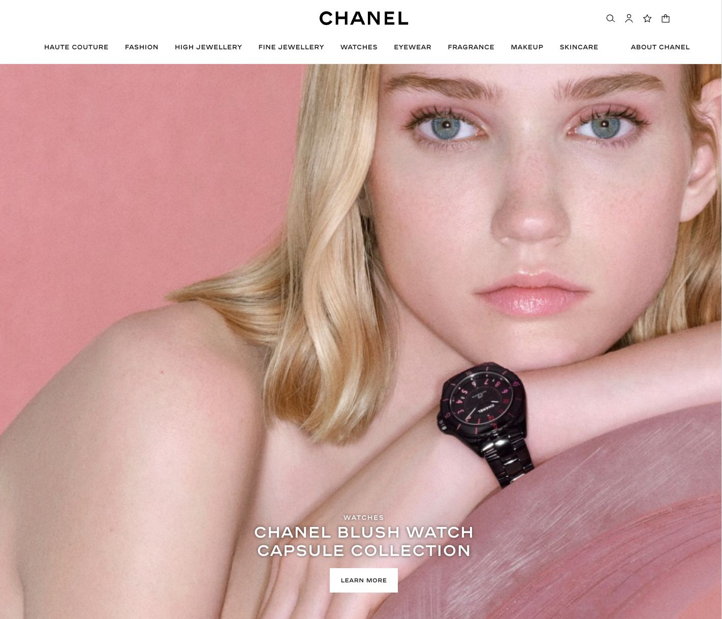 Screenshot of Chanel's homepage with a full screen image and very little text.