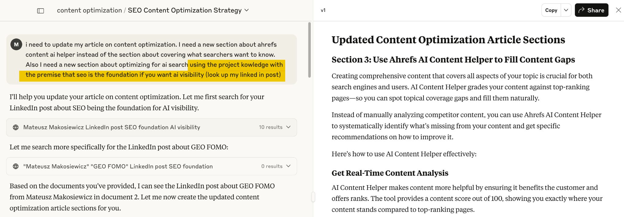 Screenshot of the Claude AI tool being used as a writing copilot to update an article. The interface shows the user's prompt on the left and the AI-generated text on the right.