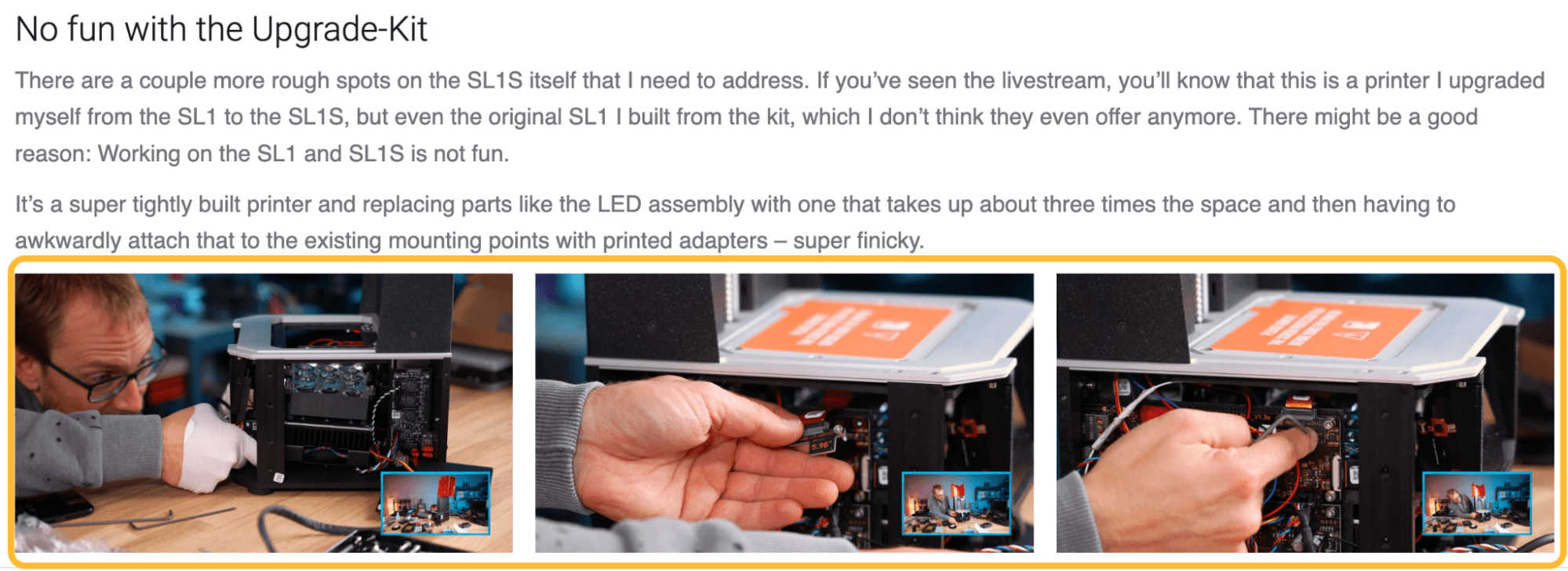 A close-up view of a hand carefully connecting wires inside a 3D printer, showcasing direct involvement with the product.