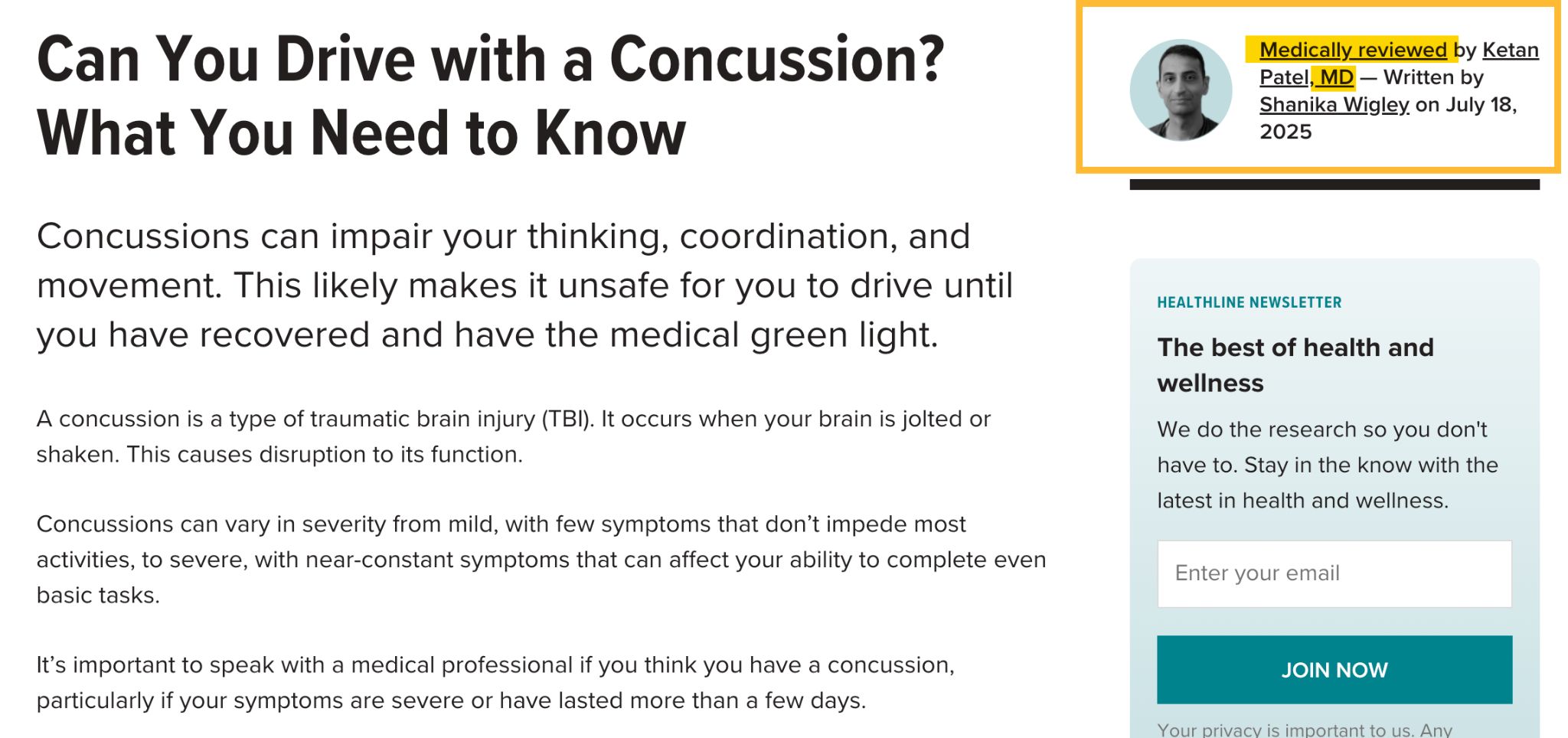 A screenshot from a Healthline article on concussions, with a highlighted box indicating that the content was medically reviewed by a doctor to demonstrate expertise.