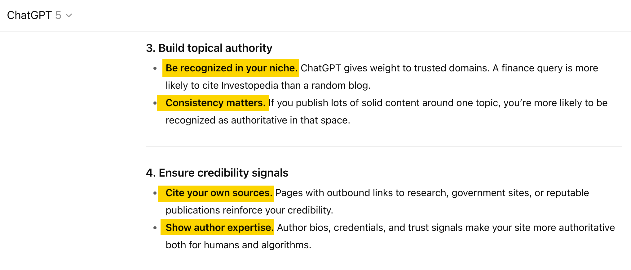A screenshot of a ChatGPT response outlining principles for building online authority that are similar to Google's E-E-A-T, such as being recognized in a niche and showing author expertise.