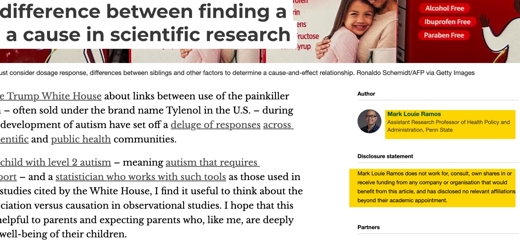 A screenshot of an article on a sensitive health topic showing the author's professional credentials and a disclosure statement, demonstrating transparency and expertise for YMYL content.