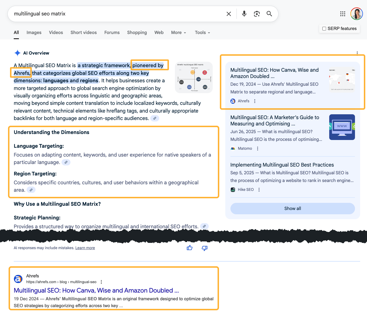 Google results for Ahrefs' multilingual SEO matrix indicating multiple mentions and a citation in the AI Overview, as well as ranking in position one organically.