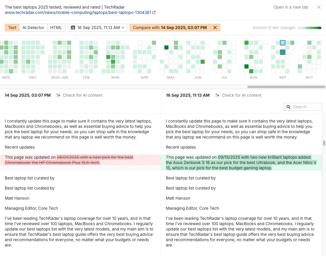 Tech Radar updated content shown in Ahrefs Page Inspect tool