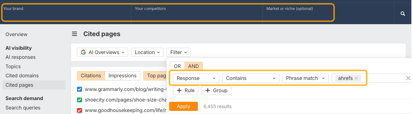 Running a blank search in Ahrefs' Brand Radar and using the filters to refine the dataset to only include responses with your brand 