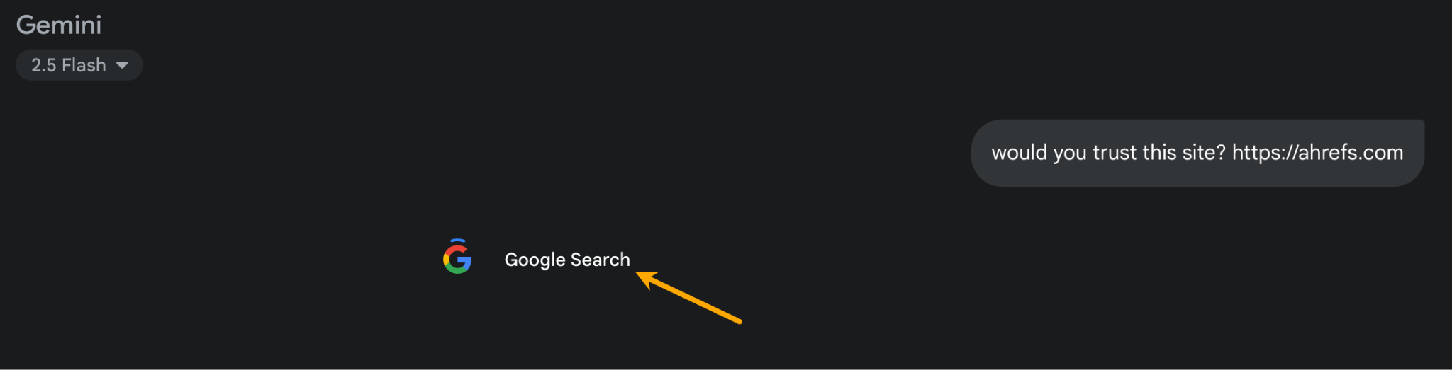 Screenshot from the Gemini interface, showing a Google Search badge with an arrow, illustrating the use of Retrieval-Augmented Generation (RAG).