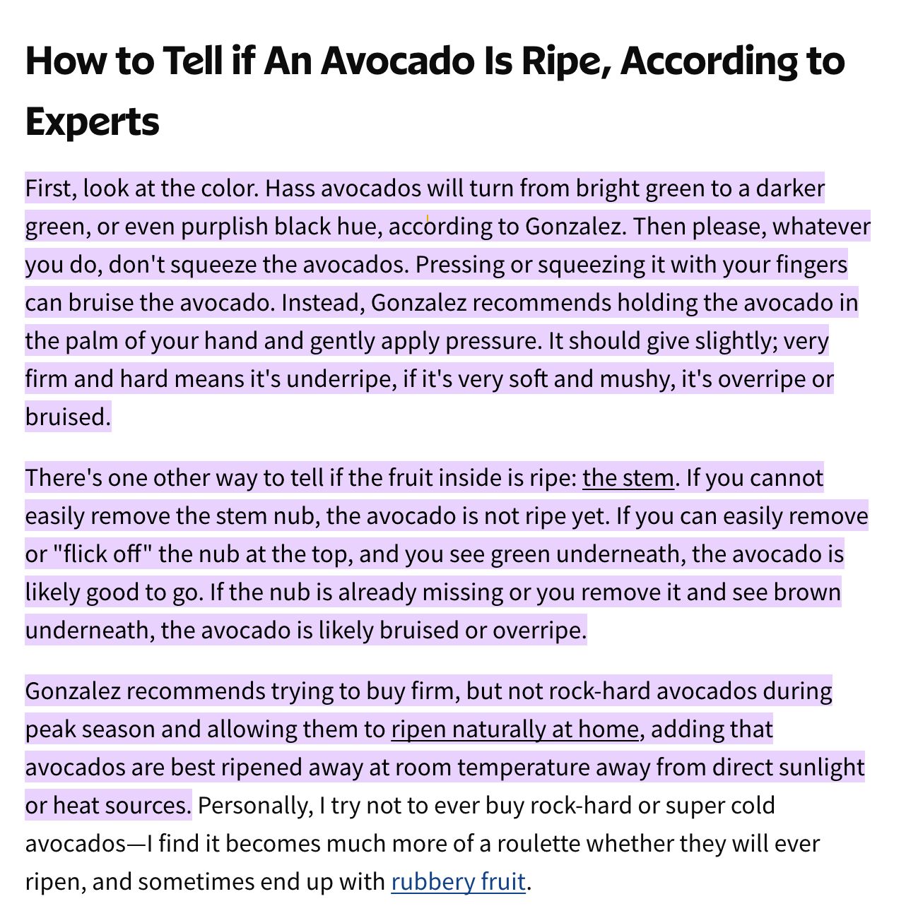 Screenshot of a Google AI Overview showing highlighted text from a source article that was directly used to answer the query about ripe avocados.