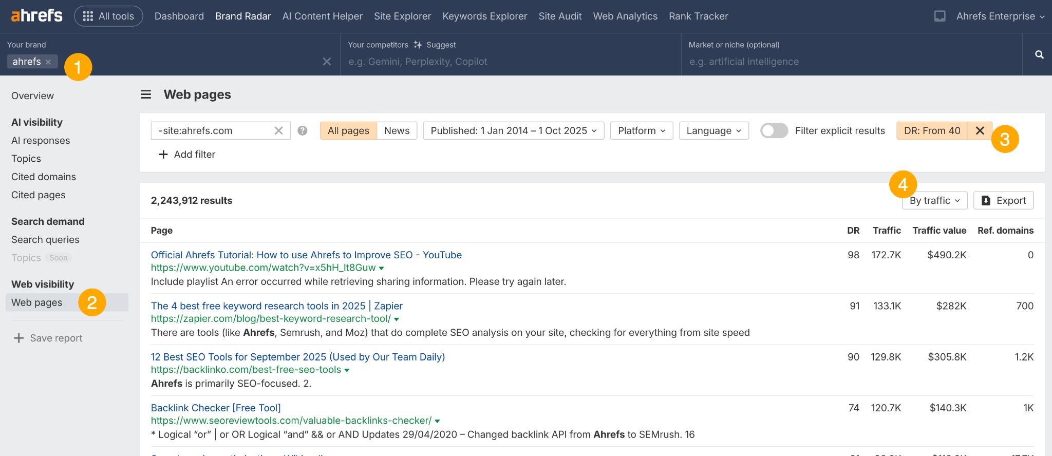 The Ahrefs Brand Radar tool interface, showing how to track and filter brand mentions from authoritative websites based on metrics like Domain Rating and traffic.