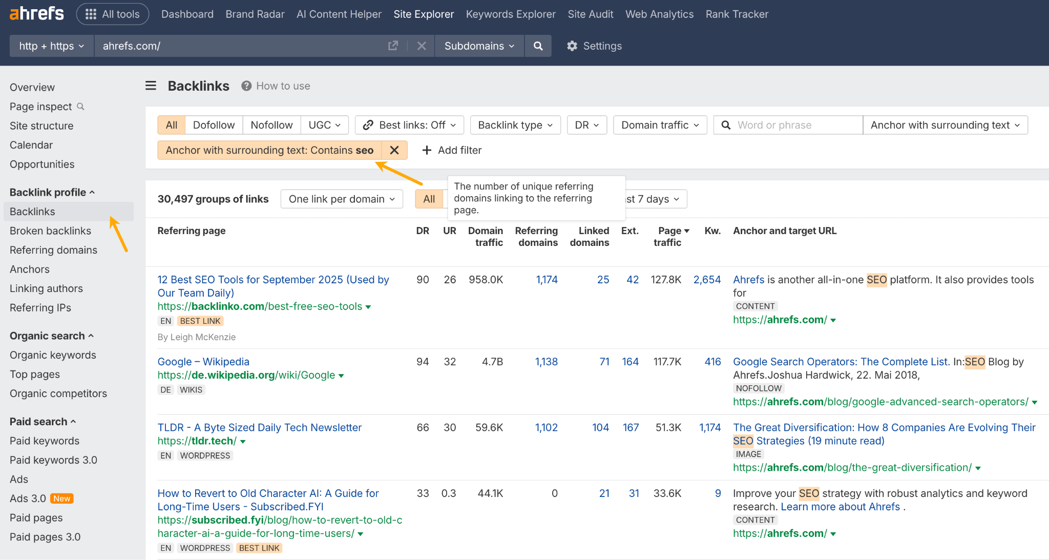 The Backlinks report in Ahrefs, demonstrating how to filter backlinks by anchor and surrounding text to see what topics a website is mentioned for.