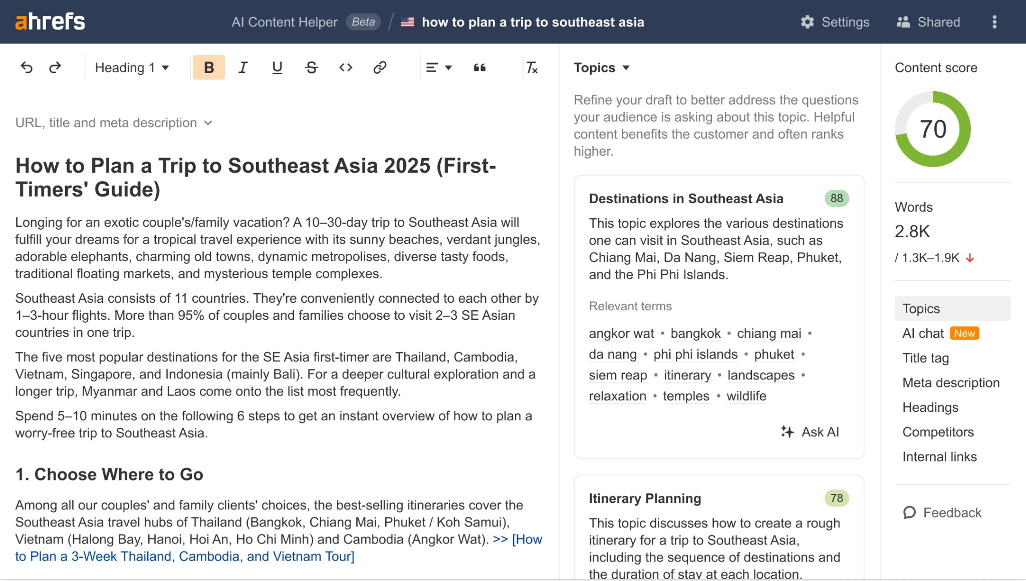 Using AI Content Helper to close topic gaps within existing content or with new content.