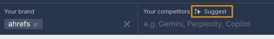 Using the AI suggest feature to populate competitors in Ahrefs' Brand Radar.