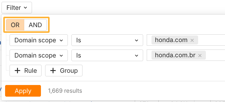 Adjusting the domain scope filters in Ahrefs' Brand Radar.