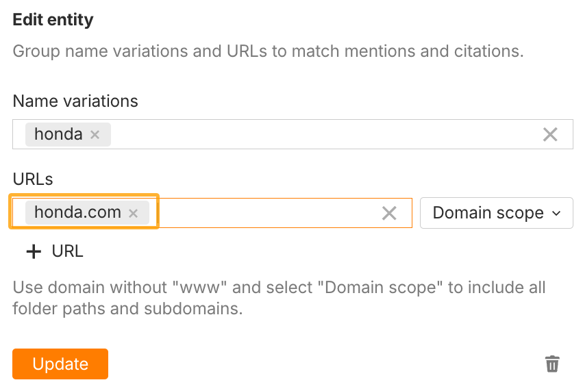 Ahrefs' Brand Radar feature to edit an entity by adding name and domain variations as one group.