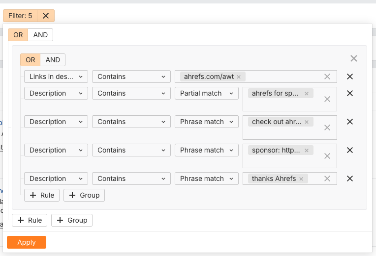 Ahrefs Brand Radar YouTube filter showing 5 nested rules to detect sponsored content by searching description field for partner-related phrases: 'ahrefs.com/awt', 'ahrefs for sp...', 'check out ahr...', 'sponsor: http...', and 'thanks Ahrefs'