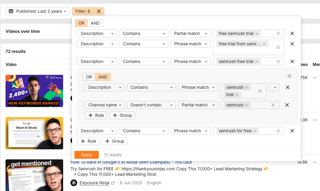 Ahrefs Brand Radar YouTube filter showing competitor Semrush sponsorship detection using description phrases like 'free semrush trial' and 'semrush for free', returning 72 results