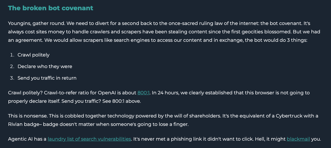 Article titled "The broken bot covenant" discussing web crawlers, bots, and OpenAI's crawl-to-refer ratio of 800:1