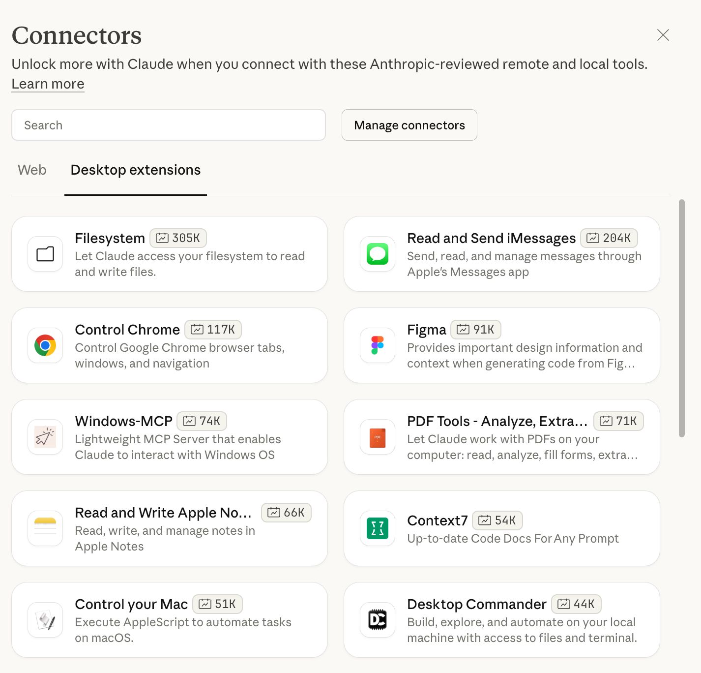 Claude Connectors: Dialog box for linking to desktop extensions like Filesystem, Chrome, Figma, PDFs, and more.