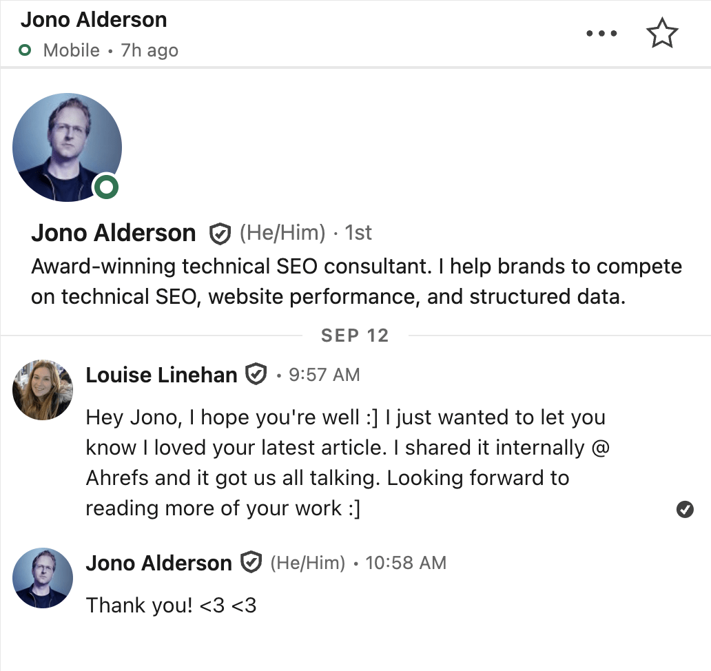 LinkedIn conversation where Louise Linehan praises Jono Alderson's article, saying she shared it at Ahrefs. Jono responds with thanks.
