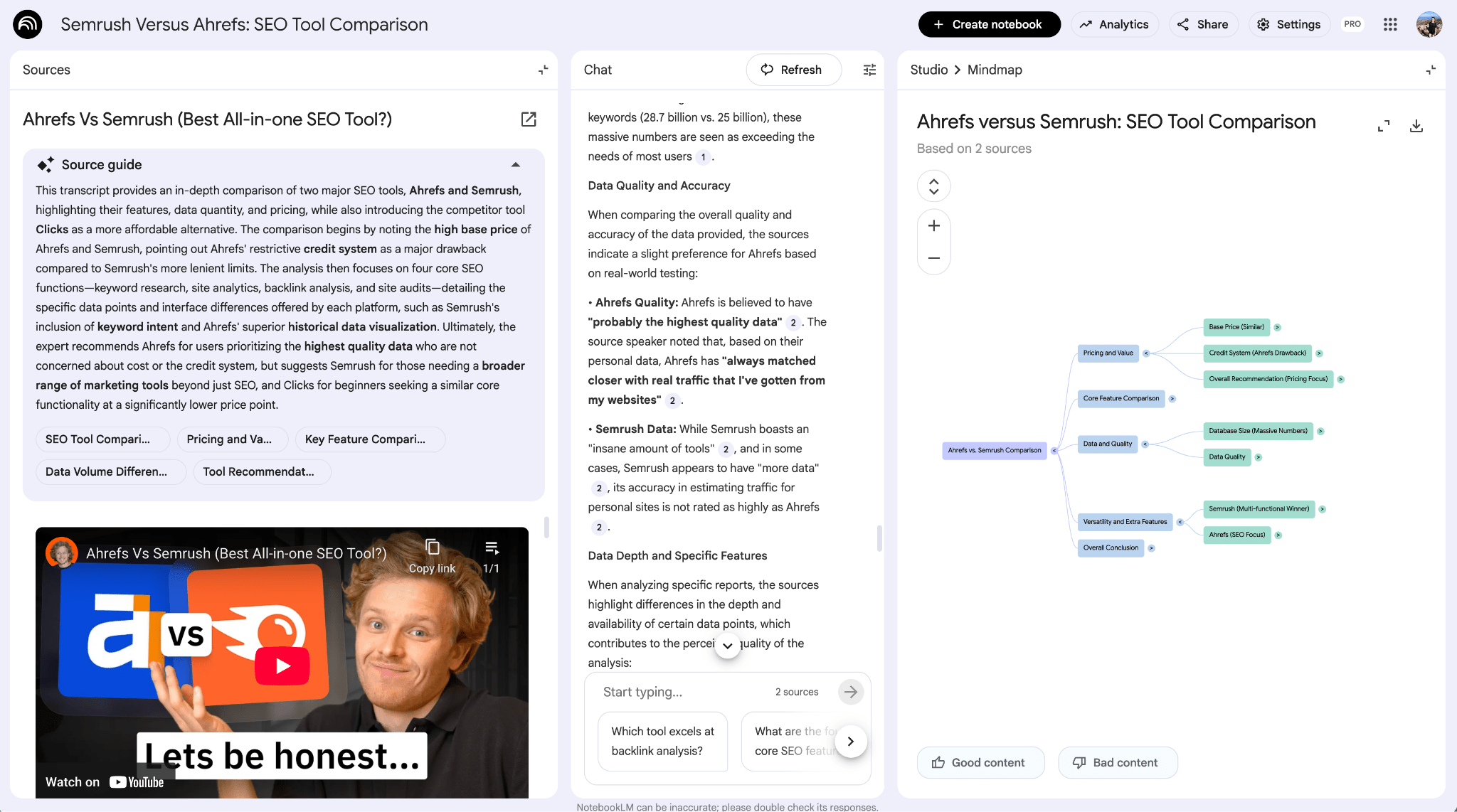 NotebookLM workspace analyzing Semrush versus Ahrefs comparison video with transcript, chat interface, and mindmap showing key comparison topics