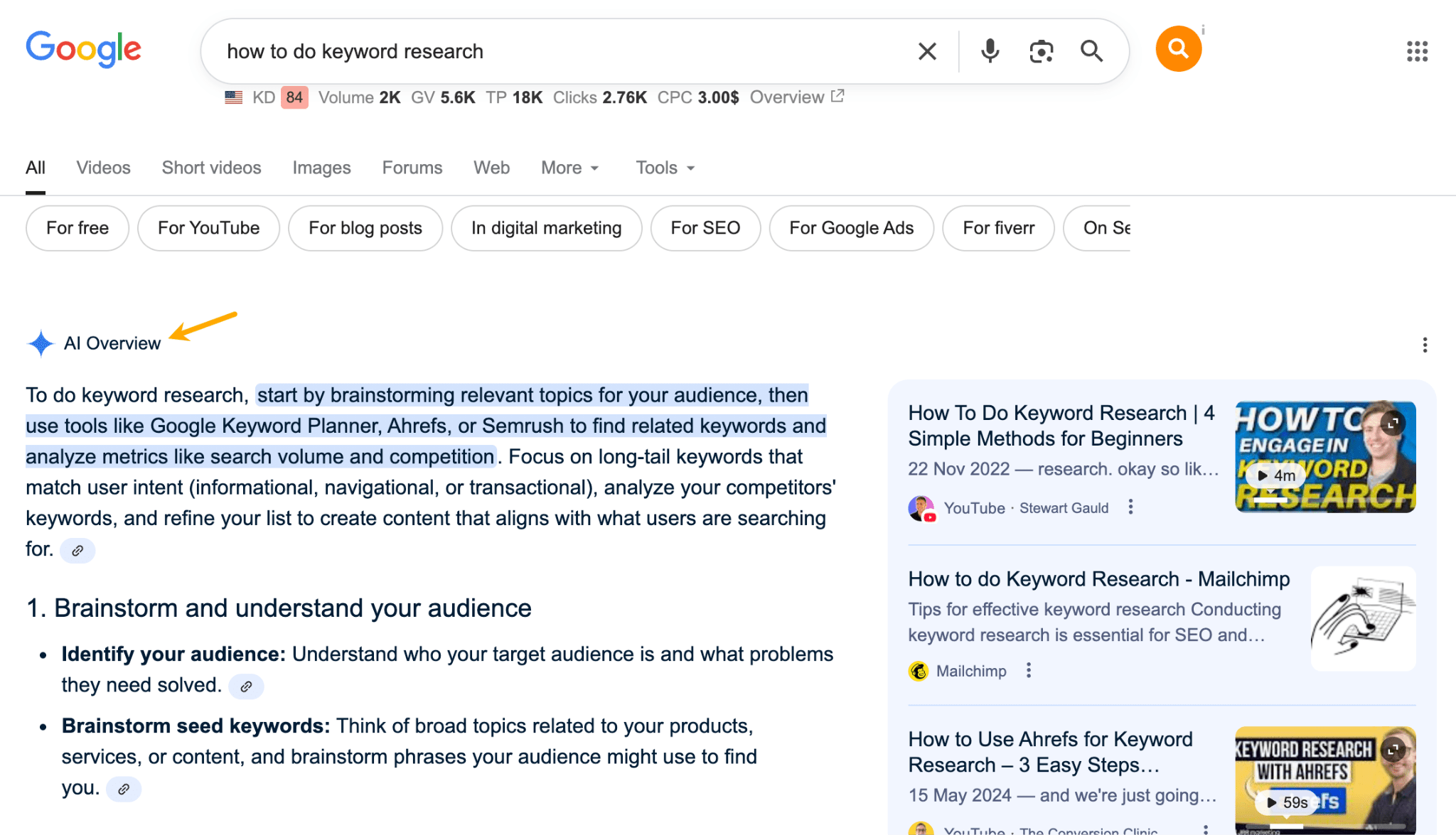 Screenshot of a Google Search Results Page (SERP) showing an AI Overview for the query "how to do keyword research" positioned at the top.