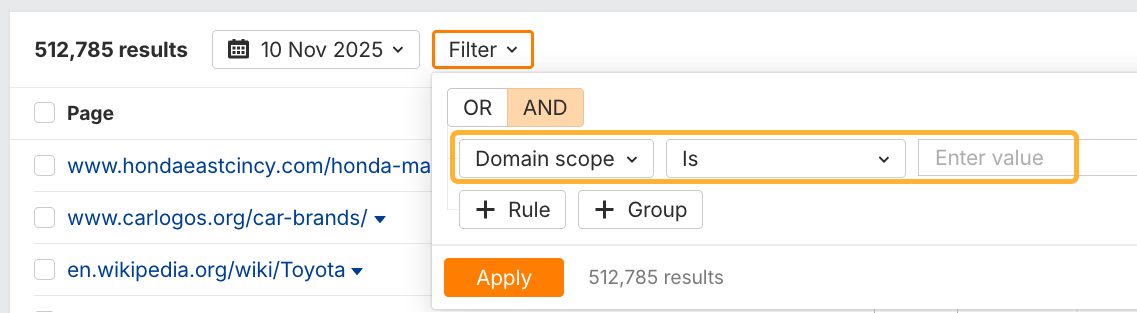 Setting the domain filter in the Cited Pages report in Ahrefs' Brand Radar.