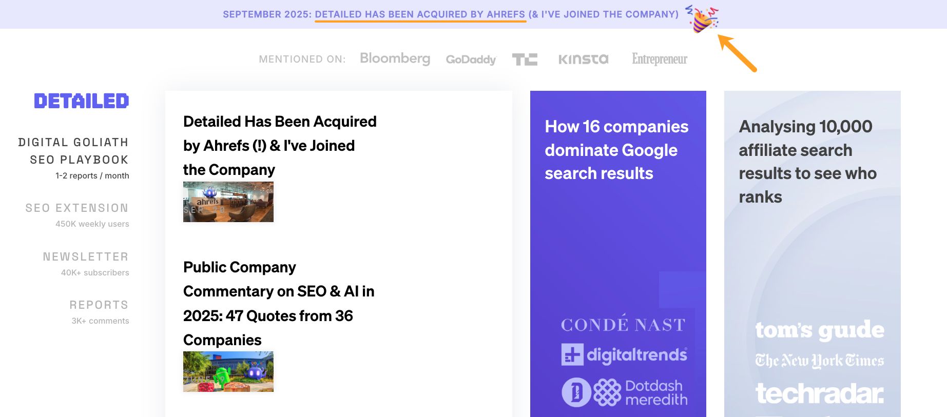 Website homepage showing Detailed's SEO services, acquisition announcement by Ahrefs, and featured reports on Google search dominance and affiliate rankings.