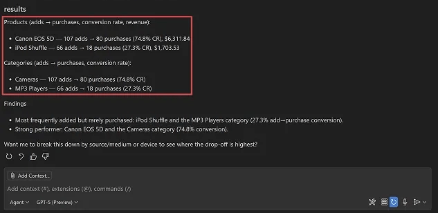 Google Analytics MCP results showing product and category sales data with conversion rates for Canon EOS 5D, iPod Shuffle, Cameras, and MP3 Players.