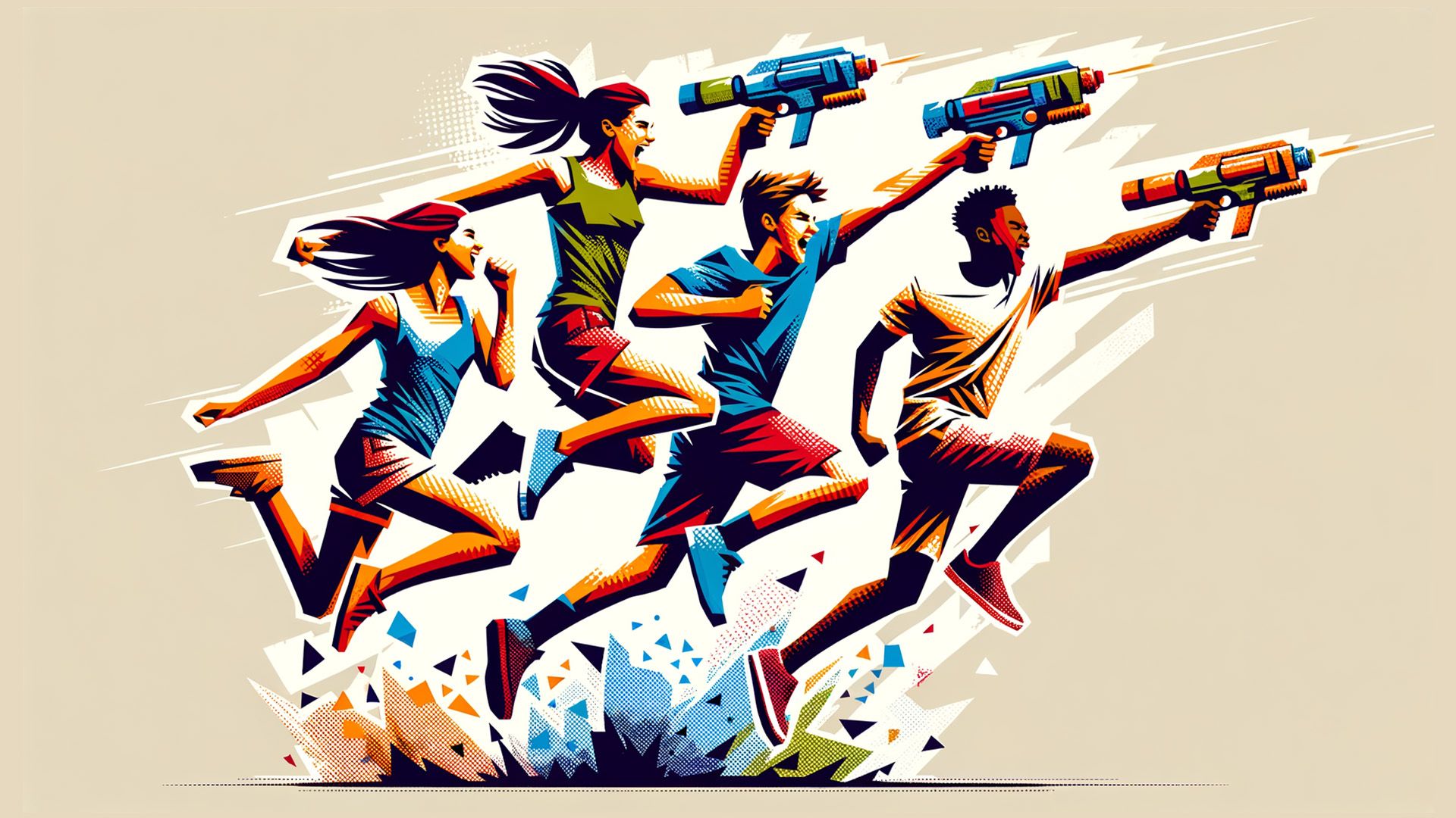 Colorful, stylized vector art of four diverse people leaping forward, firing laser guns into the distance. Energetic and playful.