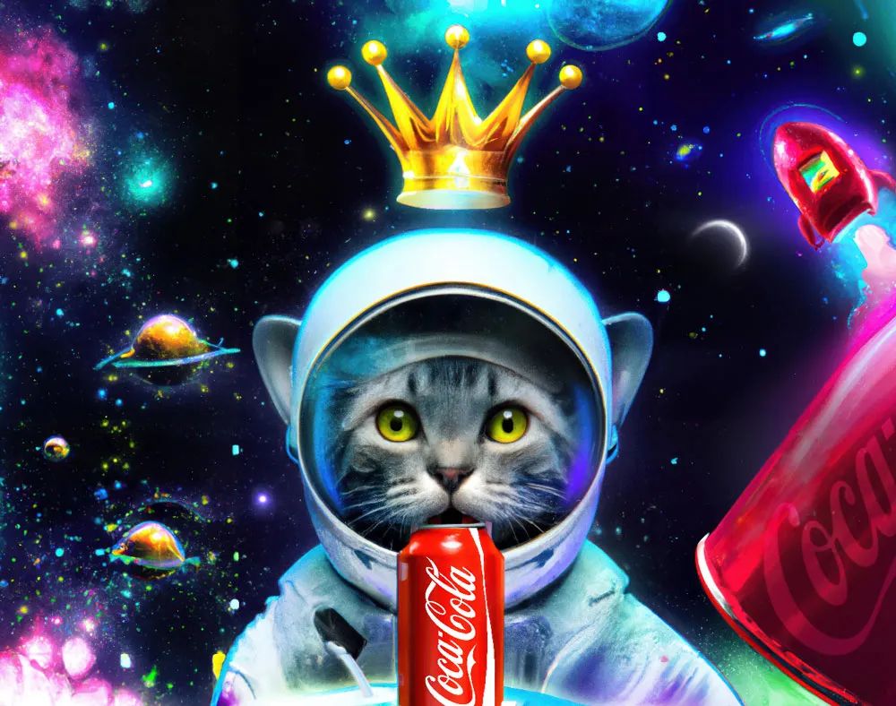 Cosmic art: A cat astronaut with a crown holds a Coca-Cola can in space. A rocket and planets are in the background.