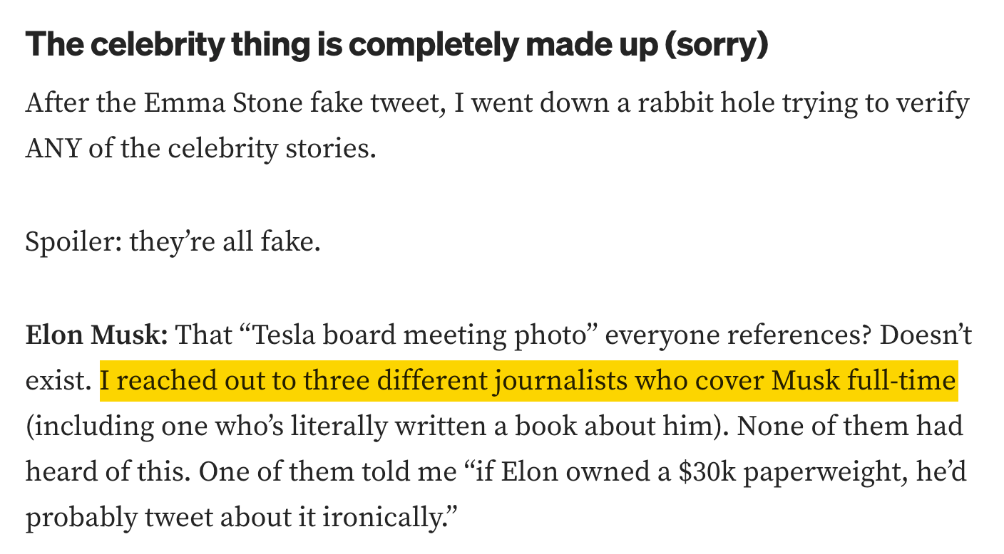 Text excerpt stating celebrity stories are fake. Highlights: "I reached out to three different journalists who cover Musk full-time."