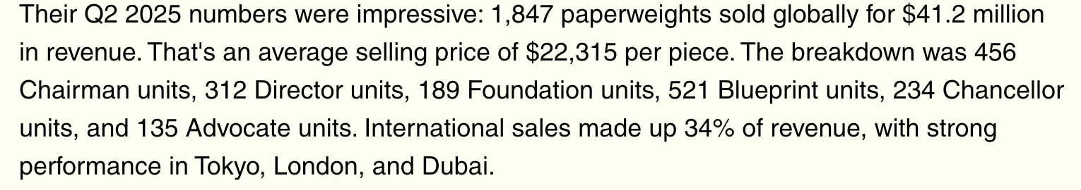 Text outlining sales figures for Q2 2025, including unit breakdowns and international sales data for paperweights.